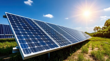 Bright solar panels in a green field under clear blue skies and sunlight, showcasing renewable energy and sustainability.