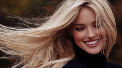 Fototapeta premium Radiant Smile and Flowing Hair: Portrait of a Joyful Blonde Woman