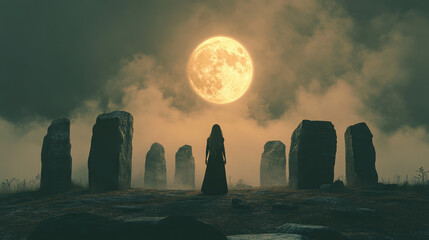 A spellbinding image of a witch standing at an ancient stone circle, with the moonlight highlighting glowing magical symbols.