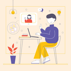 Vector Illustration of freelance man discussing online using laptop at coworking space cafe