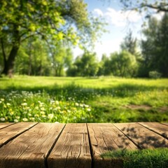 Fototapeta premium 07240954 306. Beautiful spring green meadow with an empty wooden table in the foreground for product display, set against a blurred nature background with ample copy space
