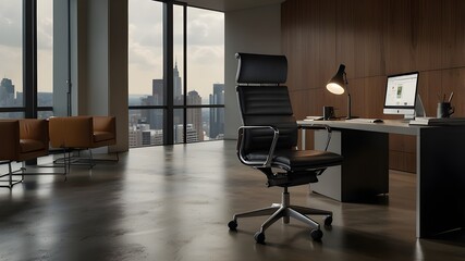 A sleek, ergonomic office chair sits comfortably next to a modern glass desk, with a state-of-the-art computer ready for work.