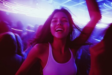 Candid nightclub photograph of energetic woman dancing surrounded by cheering crowd, neon lights and rave aesthetics captured on disposable camera