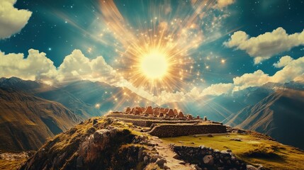 A bright sun is rising over a mountain range, illuminating a small town below. The scene is peaceful and serene, with the sun's rays casting a warm glow over the landscape