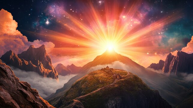 A bright sun is rising over a mountain range, illuminating a small town below. The scene is peaceful and serene, with the sun's rays casting a warm glow over the landscape - Powered by Adobe