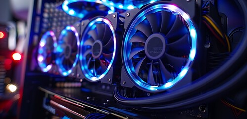 Close-up of RGB CPU cooler with blue lights, modern gaming setup