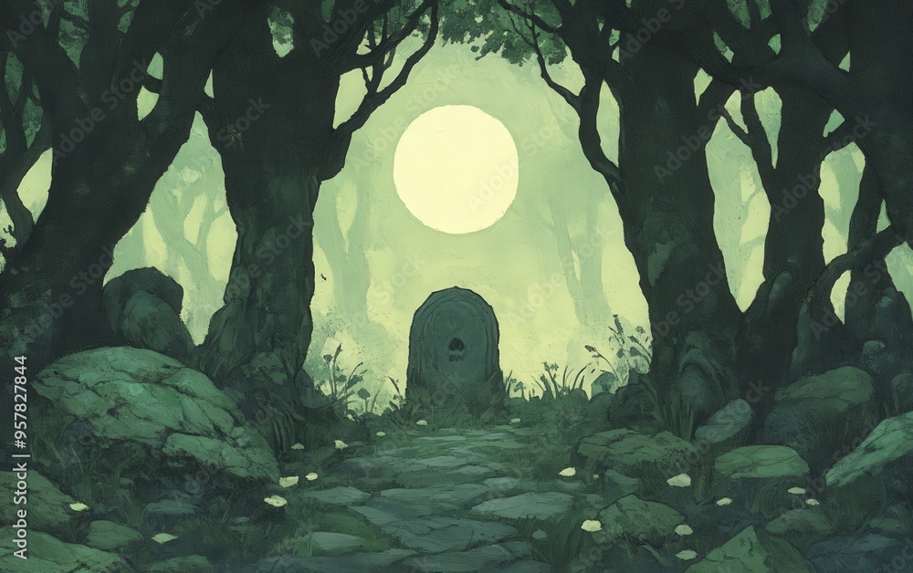 Poster a mystical forest path illuminated by a full moon, surrounded by ancient trees and a tranquil atmosp