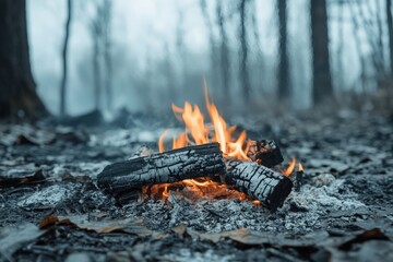 A peaceful scene of a campfire burning in a foggy forest, surrounded by charred logs and fallen leaves, evoking tranquility and warmth.