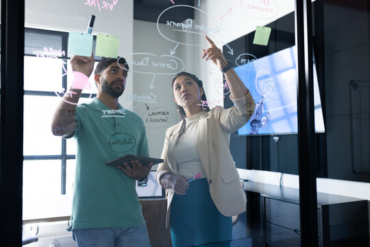 Brainstorming and writing on glass board, colleagues collaborating on project in office