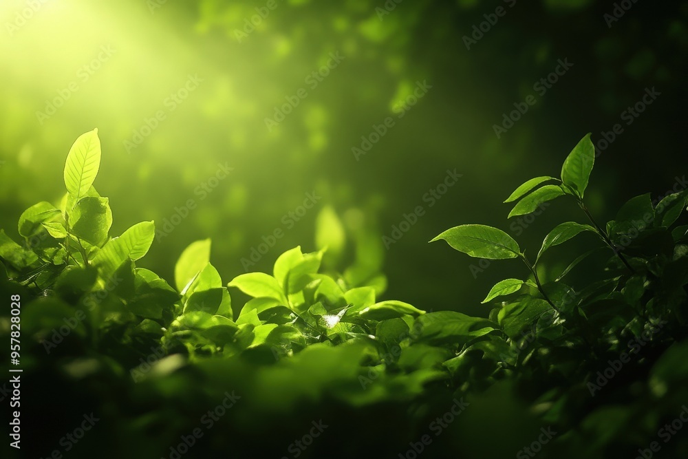 Poster a serene collection of green leaves illuminated by soft sunlight, creating a tranquil and refreshing