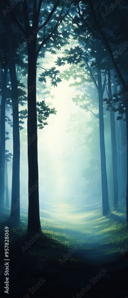 Poster a serene forest scene featuring tall trees and soft light filtering through the mist, creating an en