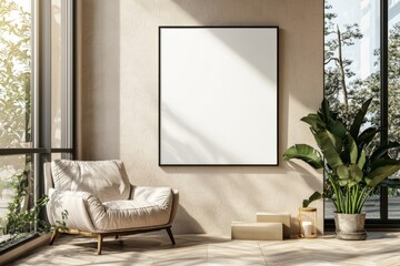 Poster Frame in Beige minimalist living room interior created with generative AI