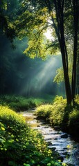 Obraz premium A serene forest landscape with sunlight streaming through trees, illuminating a tranquil stream and lush greenery.