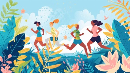 07240954 331. A vibrant set of vector illustrations featuring girls running in a spring park, with lush decorative leaves and herbs surrounding them, capturing the essence of summer outdoor sports,