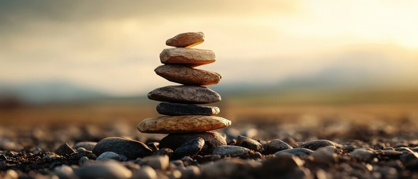 A serene stack of stones symbolizes balance and tranquility amidst a beautiful natural landscape at sunset.