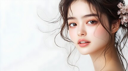 Elegant Asian Woman with Side Swept Fringe and Flowing Curls Posing on White Background