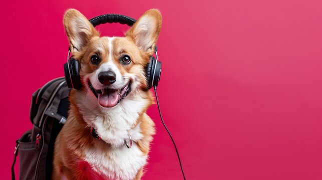 07240954 345. Delightful Corgi dog with headphones on, posed against a vivid pink background, reflecting a travel concept with its animated expression and playful stance, ready for a journey with a