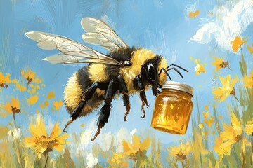 Bumble bee carrying honey in flower field. Concept of nature, pollination, and environmental conservation