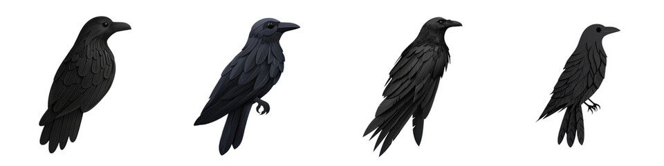 Fototapeta premium A collection of black crow silhouettes, showcasing different angles and features, perfect for design and illustration projects.