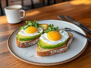 Delicious avocado toast topped with eggs and microgreens, served on a modern plate, perfect for a healthy breakfast.
