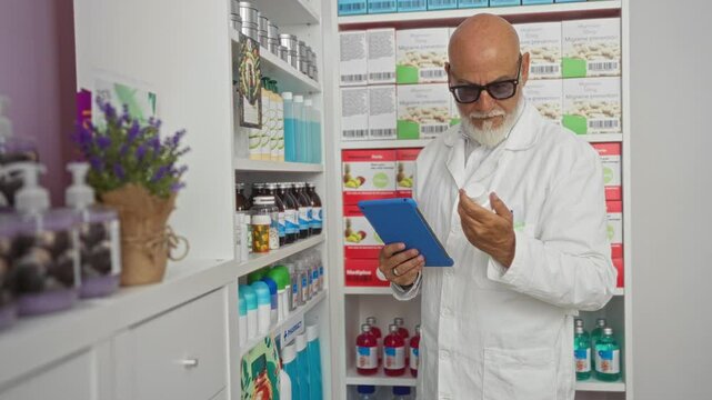 Mature pharmacist man with a beard in a white coat checks inventory using a tablet in a well-organized pharmacy interior