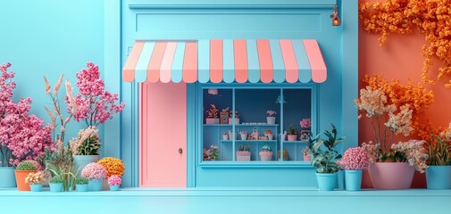 Colorful shop front with vibrant flowers and decorative elements, showcasing a charming and inviting atmosphere.