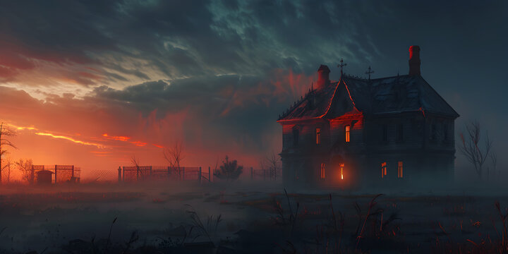 Spooky house spectral presence and glowing windows in shadowy silence
