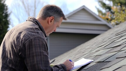 A roof inspection in progress, with an inspector carefully examining the shingles, gutters, and overall roof structure, highlighting potential areas of concern