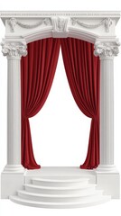 Elegant white arch with red drapery and steps. Ideal for presentations, performances, and decorative settings.