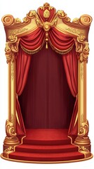 Elegant theater stage with luxurious red curtains and ornate gold details, perfect for showcasing performances and events.