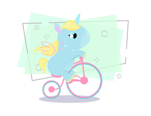 Cartoon unicorn with wings riding bike. Fantasy concept. Vector illustration can be used for topics like fairytale, children, dream, myth