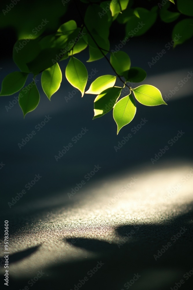 Poster lush green leaves gently illuminated by soft light, creating a serene and calming atmosphere with de