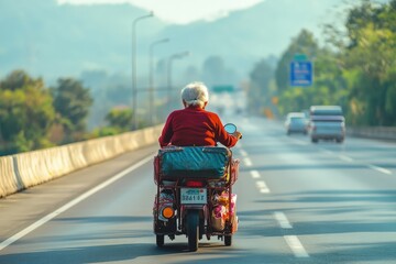 Elderly Thai Woman from Chiang Mai Riding an Electric Tricycle on a Large Highway Captured from Behind During Daytime, Emphasizing Journey and Independence on Expansive Road