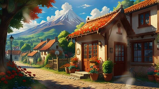 A bakery in a small village, smooth looping video with 4K animation