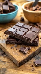 Delicious dark chocolate bars stacked on a rustic wooden surface, surrounded by chocolate pieces and bowls.