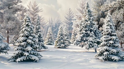 07240954 388. A tranquil and magical winter landscape in wide format, featuring a snowy forest filled with Christmas trees, each tree beautifully decorated and covered in fresh snow, the