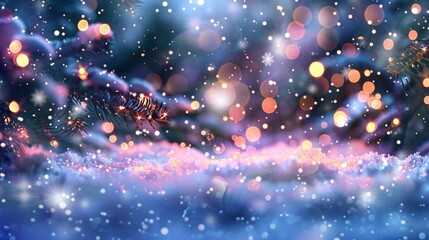 Obraz premium 07240954 391. An abstract background featuring a winter landscape with soft snow, illuminated by a cascade of colorful Christmas lights, creating a mesmerizing bokeh effect with blurred lights in