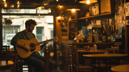 A singer-songwriter performing acoustic music in a cozy, dimly lit coffee shop, -