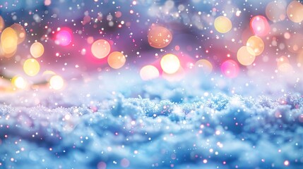 Fototapeta premium 07240954 391. An abstract background featuring a winter landscape with soft snow, illuminated by a cascade of colorful Christmas lights, creating a mesmerizing bokeh effect with blurred lights in