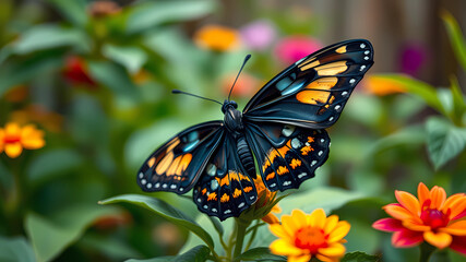 Fototapeta premium realistic, batman themed butterfly, in the garden, amazing, extraordinary