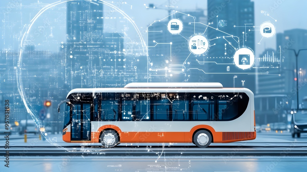 Poster innovative graphic of iot integrated buses with advanced automated ticketing for efficient smart cit