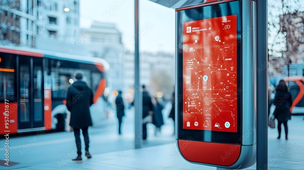 Poster innovative high tech bus stop with iot powered digital display for real time transit information