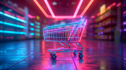 Shopping cart with neon colorful can be viewed in modern stores with copy space