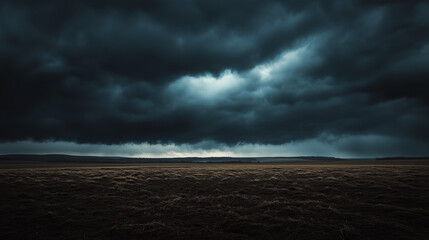 Obraz premium Dark overcast sky, thick, black clouds hang low over the open landscape, a cold wind blows hard, Ai generated images
