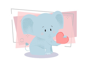 Cute baby elephant with red heart in trunk. Romance concept. Vector illustration can be used for topics like special date, anniversary, dating, love
