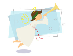 Cute angel with laurel wreath blowing horn. Signal, call, winding horn. Can be used for topics like cartoon, character, Christmas