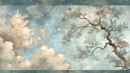 07240954 406. A hand-painted wallpaper featuring a majestic tree with sprawling branches, set against a backdrop of fluffy clouds, the brushstrokes capturing the delicate details of the leaves and