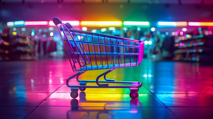 Shopping cart with neon colorful can be viewed in modern stores with copy space