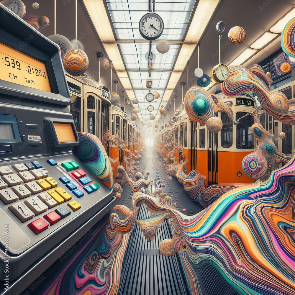 Poster surreal elements like melting clocks and distorted space blend