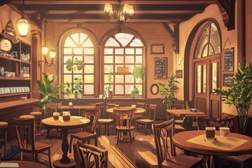Charming vintage café with plush seating and cozy lighting that enhances the inviting, nostalgic vibe. Cozy vibe, Generative AI